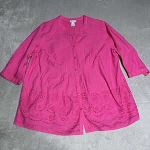Catherines Top Womens 1X Paisley Eyelet Button Up Pink Mature Cottagecore
